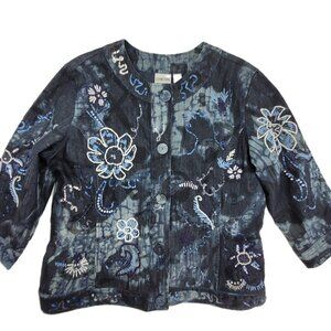 Chico’s 3 Jacket Womens XL Blue Adorn Denim Carlton Indigo Embroidered Beaded